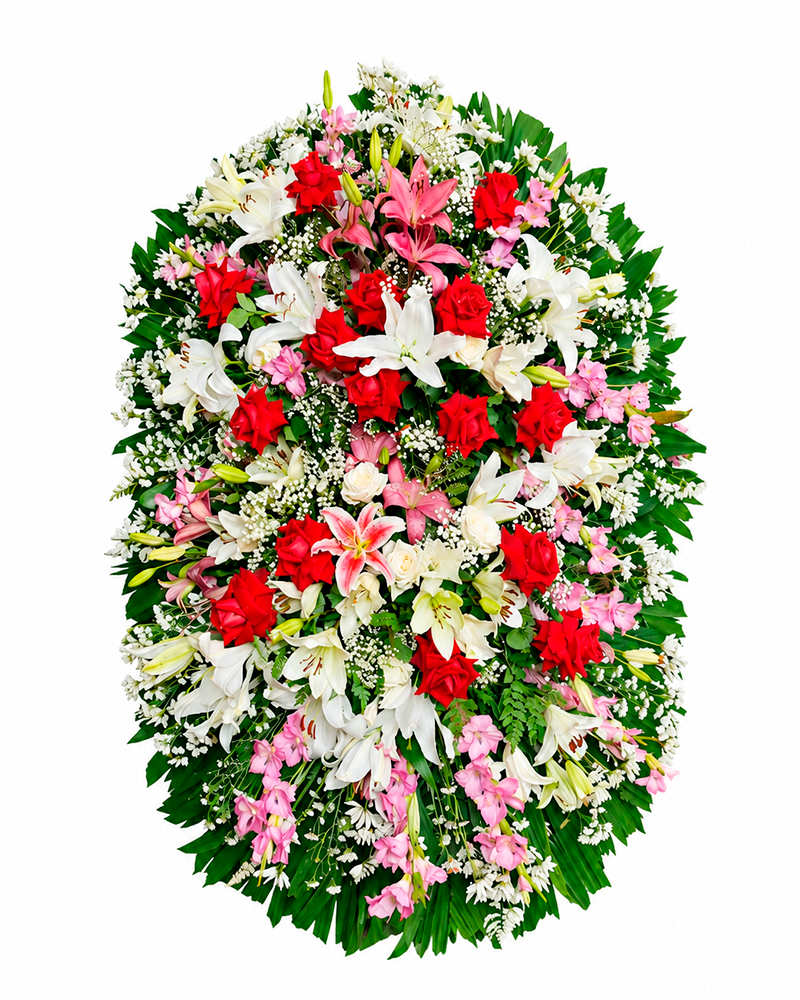 Coroa Elegancia de Rosas Vermelhas e Lírios Brancos